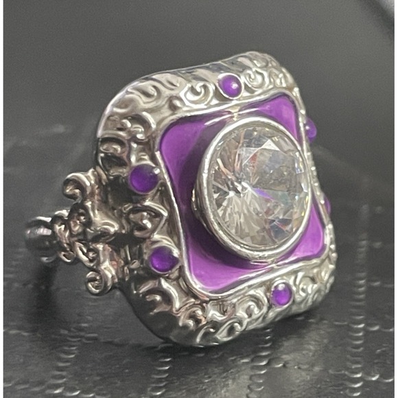 Art Deco Revival Ring Size 5.5 Solitaire Rhinestone Silver Tone Purple Enamel - Picture 2 of 13
